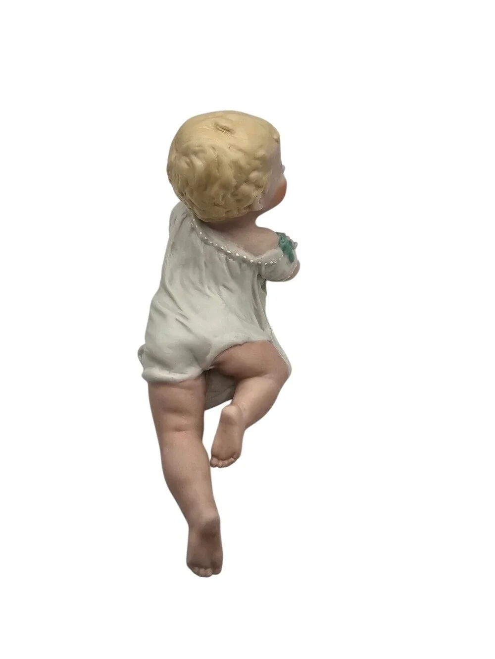 Vintage Bisque Piano Baby with White Dress and Blonde Hair Hand painted Figure